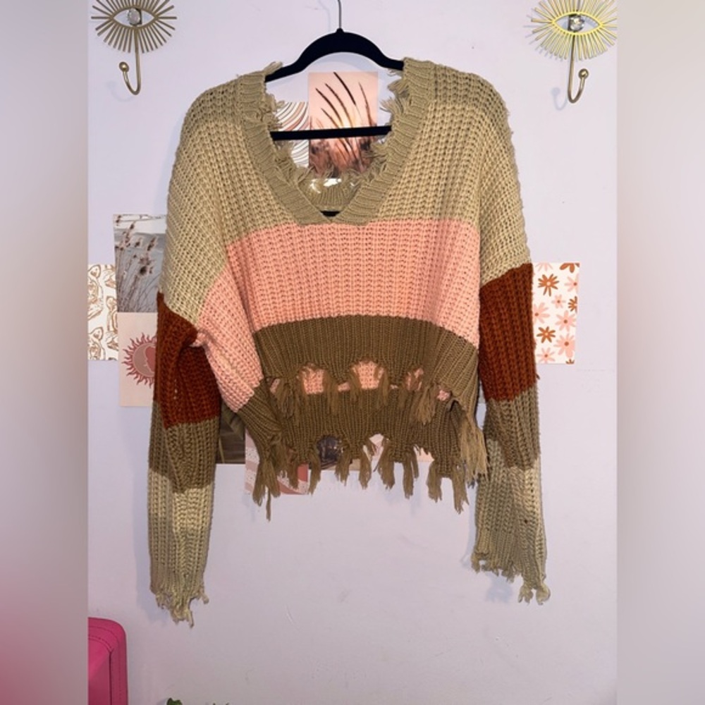 Storia Olive, Pink, and Rust Distressed Sweater